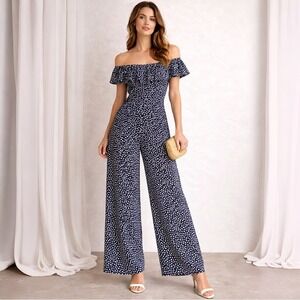 Betsey Johnson Navy and White Off-Shoulder Jumpsuit